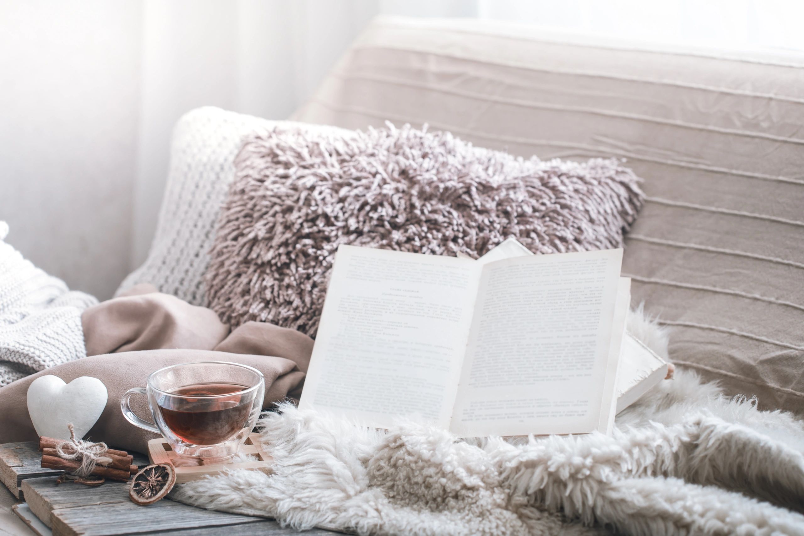 Cozy sofa with fluffy pillows, open book and tea
